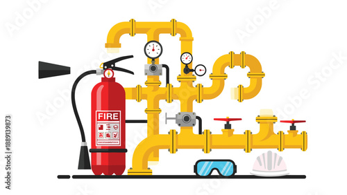 Industrial safety equipment including a red fire extinguisher, yellow pipes with pressure gauges, safety goggles, and a white hard hat, symbolizing workplace protectio...
