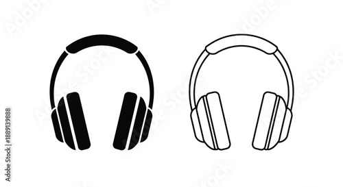 Two headphone illustrations one solid black one outlined in white