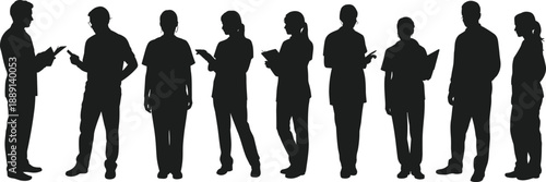 Group of business people silhouettes in discussion poses, representing communication, teamwork, meeting, collaboration, and professional corporate interaction isolated on white background