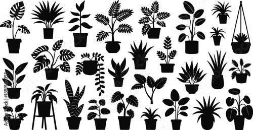 Collection of indoor plant silhouettes in pots and hanging planters, representing houseplants, home decor, botanical design, and modern interior gardening isolated on white background