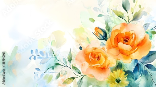 Vibrant Floral Watercolor Painting of Orange Roses and Green Leaves