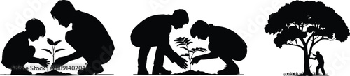 Silhouette of people planting and caring for trees, representing environmental protection, growth, sustainability, teamwork, and eco friendly lifestyle isolated on white background