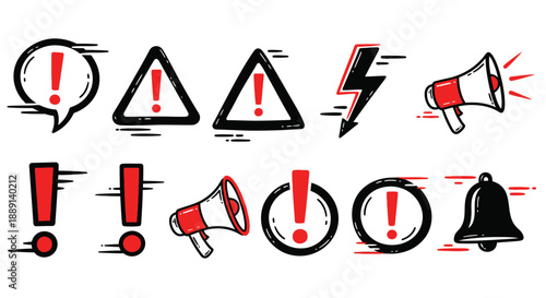 A collection of warning and alert symbols including exclamation points triangles and a megaphone is displayed