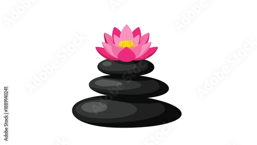 A tranquil arrangement of stacked dark stones crowned with a bright pink lotus bloom, embodying peace, balance, and the essence of a spa, meditation, or wellness retreat.