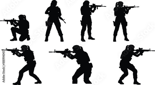 Collection, of, black, silhouettes, featuring, armed, women, with, rifles, representing, military, defense, tactical, training, security, combat, law, enforcement, and, action.