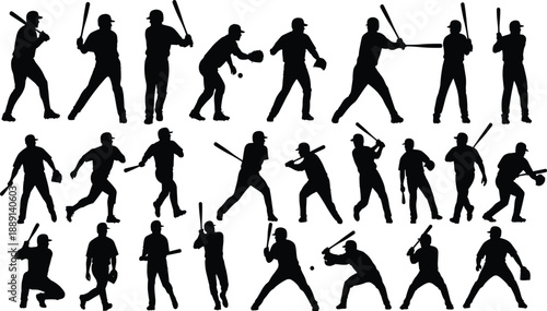 Collection, of, black, silhouettes, featuring, baseball, players, in, action, poses, including, batting, pitching, catching, running, and, throwing, for, sports, design.