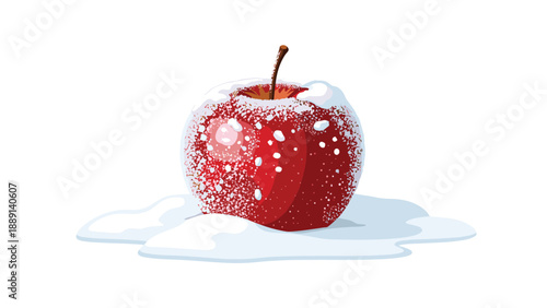 A ripe red apple sits nestled in a small pile of melting snow, symbolizing the transition from winter's chill to the promise of spring's warmth.