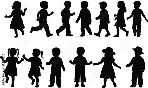 Set of children silhouettes holding hands and walking in playful poses isolated on white background, black vector illustration for education, childhood, and lifestyle design