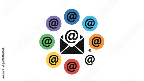 A colorful illustration of email icons and symbols surrounding an envelope
