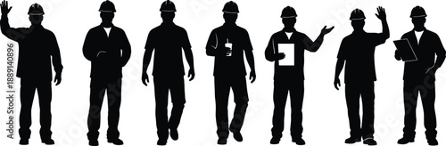 Set of industrial worker silhouettes standing in different poses isolated on white background, black vector illustration for construction, labor, safety, and professional design