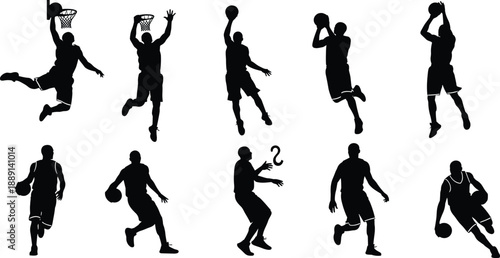 Collection, of, black, silhouettes, featuring, basketball, players, in, action, poses, including, dunking, shooting, dribbling, and, jumping, for, sports, and, fitness.