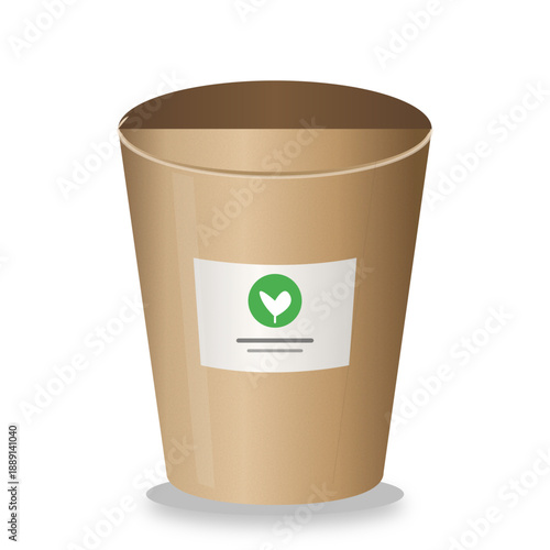 Eco Friendly Paper Cup Illustration with Green Heart Leaf Logo for Sustainable Packaging and Cafe Branding Concept