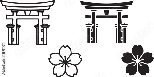 Japanese symbols and flowers isolated on white background, illustration