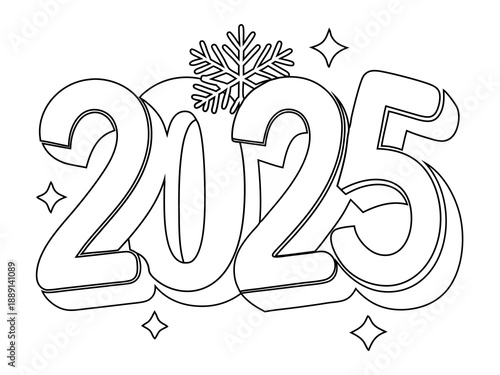 Creative 2025 New Year Outline Text Design with Snowflake and Stars for Coloring