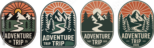 Mountain adventure trip badge designs travel mountains vector