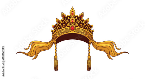A decorative golden crown or tiara with red gemstones and flowing ribbons, suggesting elegance, beauty, royalty, and a sense of celebration or achievement.