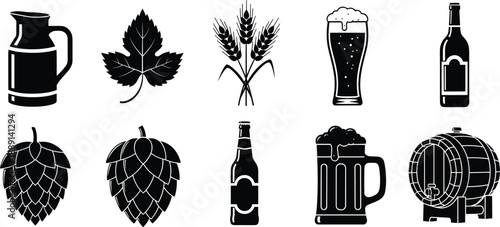 Silhouette icons of beer, hops, barley, bottles, mugs, and barrels—ideal for brewing, pub, Oktoberfest, alcohol, and beverage-themed design or decoration