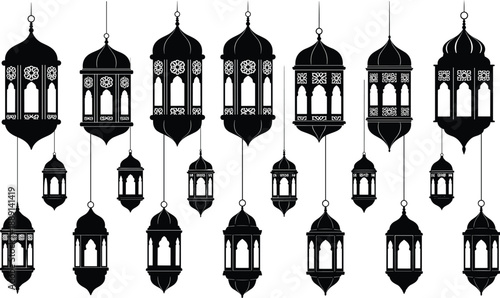 Silhouette illustrations of hanging lanterns with Islamic and Middle Eastern design, ideal for Ramadan, Eid, cultural celebrations, and traditional decorative themes in black style