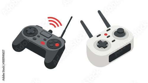 Two wireless remote controllers with antennas on a white background