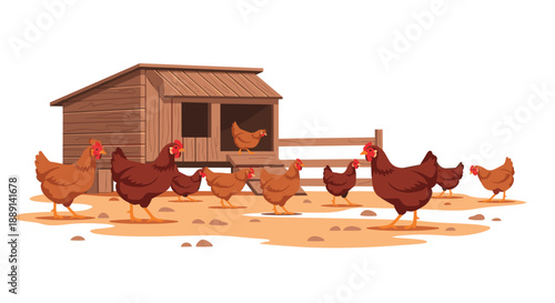 A rustic chicken coop with a flock of chickens gathered around, illustrating a traditional farm setting, free-range poultry, and a natural rural environment.