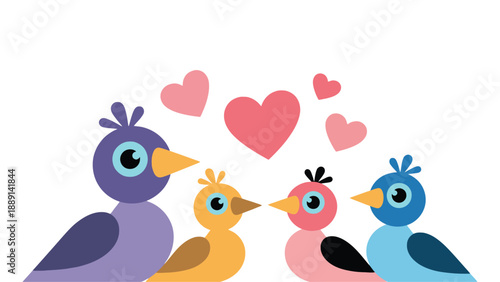 A colorful illustration of a loving family of birds with hearts