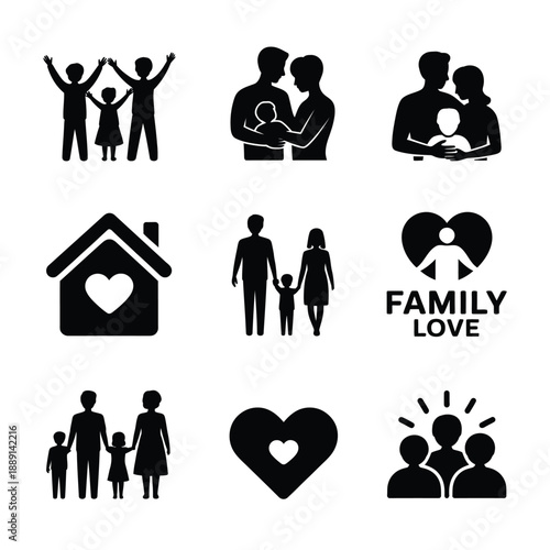 Black silhouettes of families and hearts representing family love