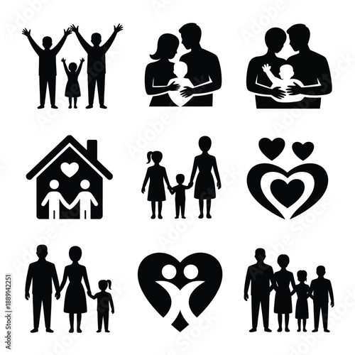 Black silhouettes of families and hearts on white background