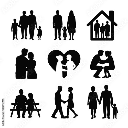 Silhouettes of families and couples in various poses and settings