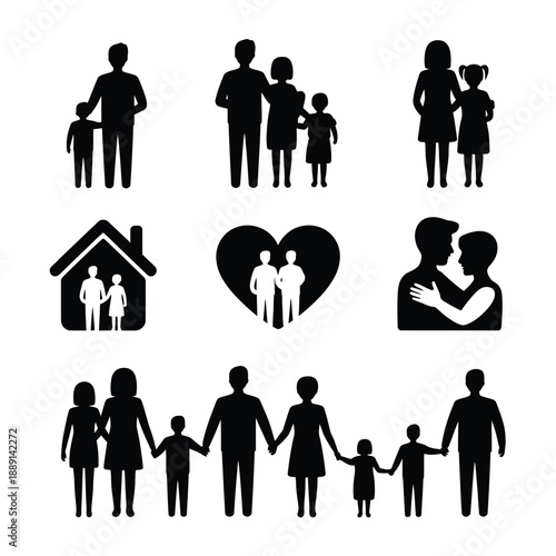 Black silhouettes of families and couples in various arrangements