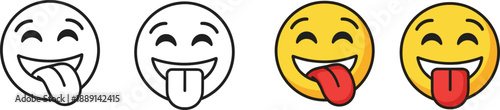 Tongue-out smiley face emoji icon set in black and color variations for digital design, flat vector illustration
