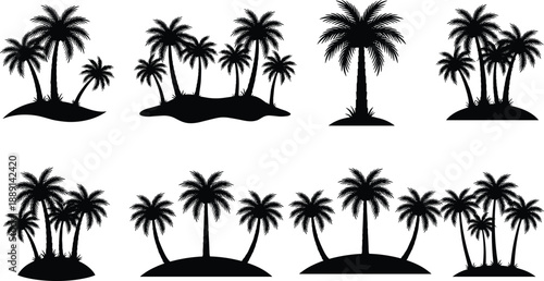 Tropical island silhouettes with palm trees, beach paradise design elements, summer vacation icons, exotic nature clipart, flat vector illustration