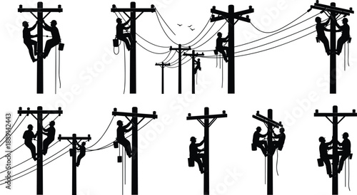 Utility worker silhouette icon set performing electrical maintenance on power poles for infrastructure design, flat vector illustration