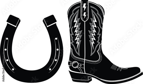 Western culture icon set featuring cowboy boot with spur and classic horseshoe for ranch design, flat vector illustration