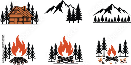Wilderness scene icon set, cabins, campfires, pine trees, mountain views, outdoor nature grid - flat vector illustration