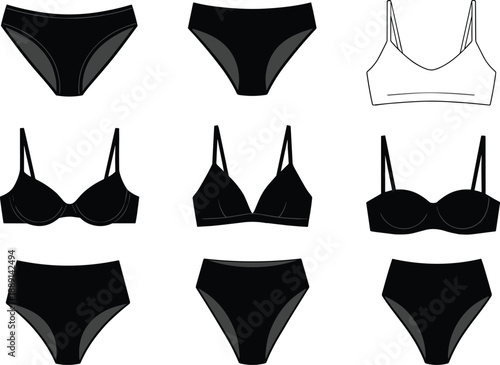 Women’s lingerie set, bras and panties, fashion sketch, black and white contour, underwear styles, garment design - flat vector illustration
