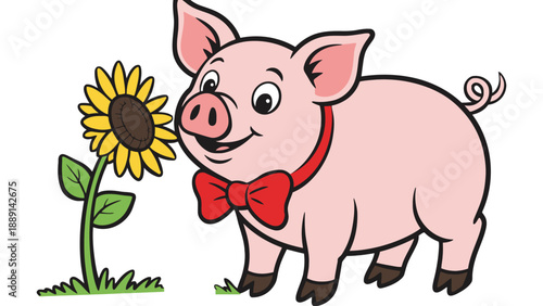 A cheerful cartoon pig wearing a red bow tie sniffs a sunflower