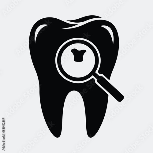 Detailed human tooth with magnifying glass examining dental caries silhouette vector illustration