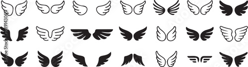 wing icons set angel bird flight symbols, decorative feathered wings collection, fantasy flying emblem silhouettes