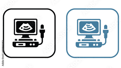 Two computer icons displaying ultrasound images on screen with microphone