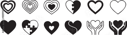 heart icons set love emotion symbols, romance relationship silhouette collection, affection heart shapes pack