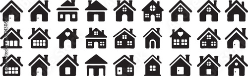 home building icons filled real estate set, residential property symbol collection, house silhouette icon pack