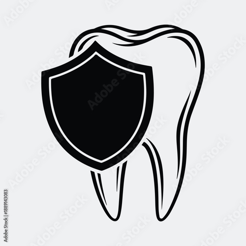 Healthy tooth protected by shield illustrating dental health and oral care silhouette vector illustration