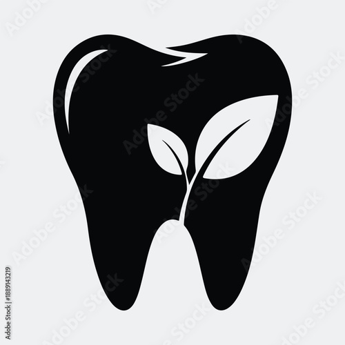 Healthy tooth with green plant sprout natural dental care concept silhouette vector illustration