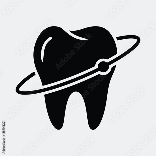 Healthy tooth with orbiting shield ring for dental protection silhouette vector illustration