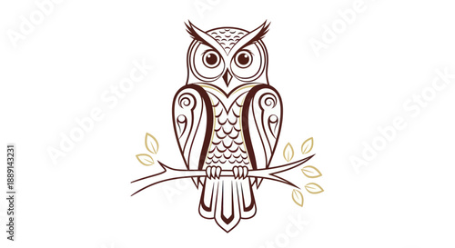 Stylized owl perched on branch illustration for design and decoration