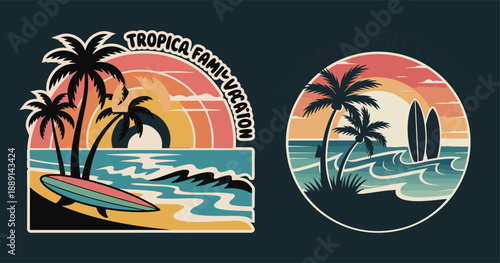 Tropical beach vacation scenes with palm trees and surfboards Keywords: tropical, beach,... vector