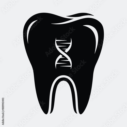 Human tooth with intertwined DNA double helix structure inside silhouette vector illustration