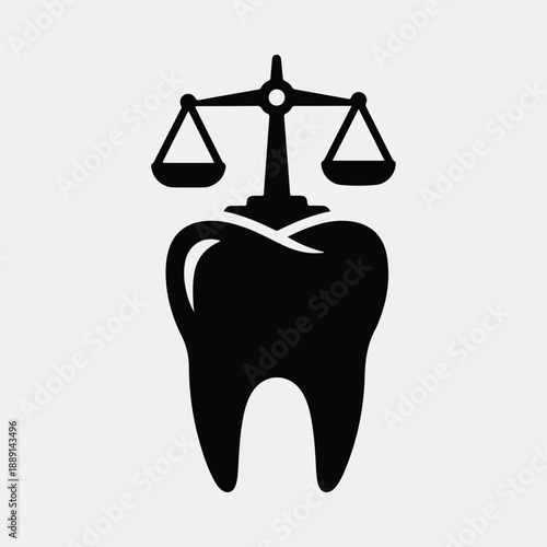 Iconic molar tooth balancing scales symbol for dental law silhouette vector illustration