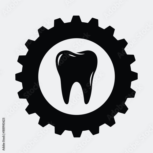 Modern dental tooth inside gear wheel icon for medical engineering silhouette vector illustration