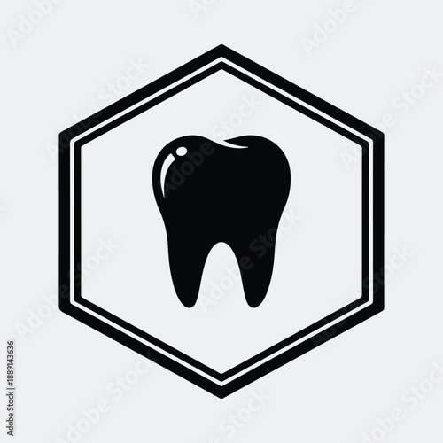 Modern dental tooth icon inside geometric hexagon frame healthcare silhouette vector illustration